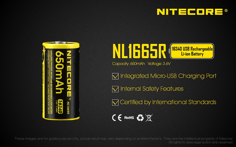 NITECORE RCR123A USB 650mAh NL1665R